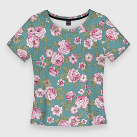 Женская футболка 3D Slim с принтом Поле розовых цветов ,  |  | арт | колокольчик | кусты роз | рисунок | роза | розовая роза | розовые колокольчики | розовые розы | розовые цветы | розовый колокольчик | розовый цветок | розы | цветок | цветы | яркие цветы
