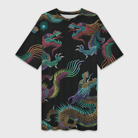Платье-футболка 3D с принтом Цветные драконы ,  |  | драконы | иллюстрация | китай | китайские драконы | рисунок