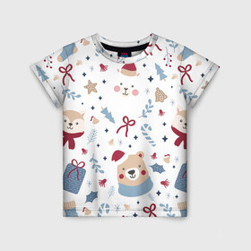 Детская футболка 3D с принтом Забавный Новый Год , 100% гипоаллергенный полиэфир | прямой крой, круглый вырез горловины, длина до линии бедер, чуть спущенное плечо, ткань немного тянется | 2022 | детское | животные | забавный | зверята | лама | медведь | новый год | носки | смешные | узор