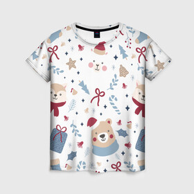 Женская футболка 3D с принтом Забавный Новый Год , 100% полиэфир ( синтетическое хлопкоподобное полотно) | прямой крой, круглый вырез горловины, длина до линии бедер | 2022 | детское | животные | забавный | зверята | лама | медведь | новый год | носки | смешные | узор