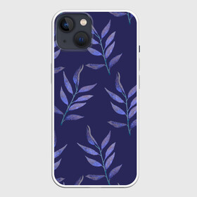 Чехол для iPhone 13 с принтом Листья на темно синем фоне ,  |  | 8 марта | leaves | march 8 | spring | ботаническая иллюстрация | весна | день рождения | лето | листья | любовь | праздник | принт | природа | растения | синий