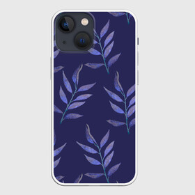 Чехол для iPhone 13 mini с принтом Листья на темно синем фоне ,  |  | 8 марта | leaves | march 8 | spring | ботаническая иллюстрация | весна | день рождения | лето | листья | любовь | праздник | принт | природа | растения | синий