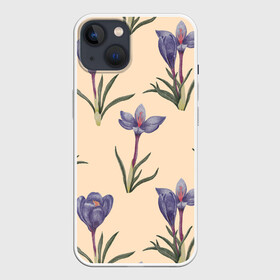 Чехол для iPhone 13 с принтом Цветы шафрана на бежевом фоне ,  |  | 8 марта | flowers | march 8 | spring | бежевый | ботаническая иллюстрация | весна | день рождения | зеленый | лето | любовь | праздник | принт | природа | растения | фиолетовый | цветы | шафран