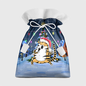 Подарочный 3D мешок с принтом Тигр поел у елки , 100% полиэстер | Размер: 29*39 см | Тематика изображения на принте: 2022 | год тигра | новый год | новый год 2022 | символ года | тигр | тигренок | тигрица | тигры