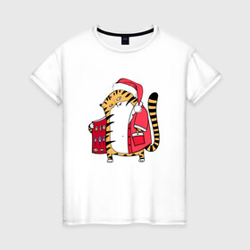 Женская футболка хлопок с принтом Тигр тайно продает рыбу , 100% хлопок | прямой крой, круглый вырез горловины, длина до линии бедер, слегка спущенное плечо | 2022 | год тигра | новый год | новый год 2022 | символ года | тигр | тигренок | тигрица | тигры