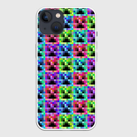 Чехол для iPhone 13 с принтом МАЙНКРАФТ   MINECRAFT ЦВЕТНЫЕ КРИПЕРЫ ,  |  | block | creeper | cube | minecraft | pixel | tnt | блок | геометрия | крафт | крипер | кубики | майнкрафт | пиксели | тнт