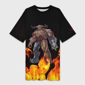 Платье-футболка 3D с принтом CYBER DEMON  КИБЕР ДЕМОН (+спина) ,  |  | cyber demon | cyberdemon | demons | devil | doom | doom eternal | doom slayer | fire | hell | slayer | ад | демон | демоны | дум | кибер демон | кибердемон | огонь