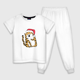 Детская пижама хлопок с принтом Удивленный новогодний тигр , 100% хлопок |  брюки и футболка прямого кроя, без карманов, на брюках мягкая резинка на поясе и по низу штанин
 | 2022 | год тигра | новый год | новый год 2022 | символ года | тигр | тигренок | тигрица | тигры