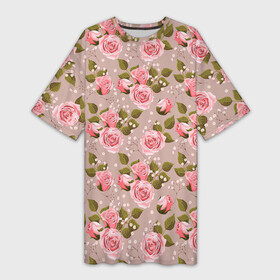 Платье-футболка 3D с принтом Нежные розовые розы ,  |  | арт | бутон | бутон розы | бутоны | бутоны роз | бутоны цветов | жемчуг | жемчужины | рисунок | роза | розовая роза | розовые бутоны | розовые розы | розовый бутон | розы | цветок | цветы | яркие цветы