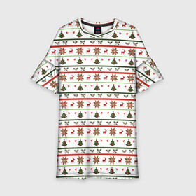 Детское платье 3D с принтом узор новогодний Бело-красно-зеленый , 100% полиэстер | прямой силуэт, чуть расширенный к низу. Круглая горловина, на рукавах — воланы | deer | new year | елка | колокольчики | новый год | олень | растение | снежинка | узор
