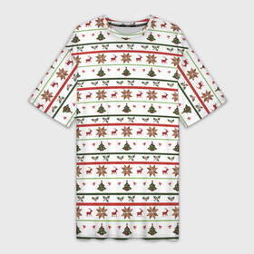 Платье-футболка 3D с принтом узор новогодний Бело красно зеленый ,  |  | deer | new year | елка | колокольчики | новый год | олень | растение | снежинка | узор