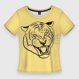 Женская футболка 3D Slim с принтом тигр на золотом фоне ,  |  | art line | chinese calendar | contour | golden | head | mascot | muzzle | new year | symbol | tiger | year of the tiger | арт лайн | год тигра | голова | золотой | китайский календарь | контур | новогодний | новый год | символ | талисман | тигр