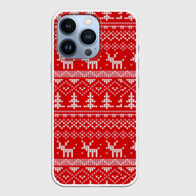 Чехол для iPhone 13 Pro с принтом Новогодний узор с оленями и елкой ,  |  | 2021 | 2022 | christmas | merry | merry christmas | new year | snow | sweater | ugly christmas | winter | year of the tiger | год тигра | зима | новогодний | новогодняя | новый год | рождественский | рождественский свитер | рождество | свитер | 