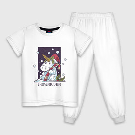 Детская пижама хлопок с принтом Snownicorn , 100% хлопок |  брюки и футболка прямого кроя, без карманов, на брюках мягкая резинка на поясе и по низу штанин
 | Тематика изображения на принте: art | christmas | drawing | new year | snow | unicorn | winter | арт | единорог | зима | новый год | рисунок | рождество | снег