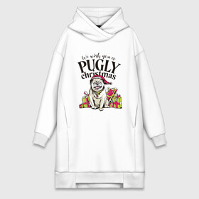 Платье-худи хлопок с принтом Pugly Christmas ,  |  | christmas | dog | drawing | gifts | new year | pug | pugly | мопс | новый год | пес | подарки | рисунок | рождество | собака