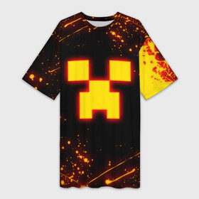 Платье-футболка 3D с принтом ОГНЕННЫЙ КРИПЕР, МАЙНКРАФТ ,  |  | block | creeper | cube | fire | flame | minecraft | pixel | tnt | блок | гаст | геометрия | крафт | крипер | кубики | майнкрафт | огонь | пиксели | пламя | тнт