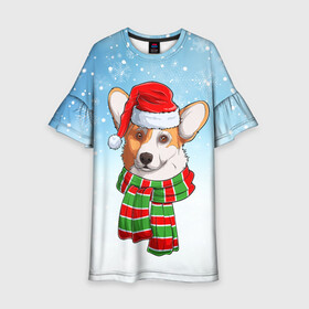 Детское платье 3D с принтом Новогодний Корги   New Years Corgi , 100% полиэстер | прямой силуэт, чуть расширенный к низу. Круглая горловина, на рукавах — воланы | christmas | corgi | dog | santa | дед мороз | елка | зима | корги | новый год | рождество | санта | снег | снегурочка | снежинка | собака | собачка | щенок