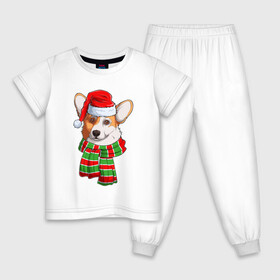 Детская пижама хлопок с принтом Новогодний Вельш корги , 100% хлопок |  брюки и футболка прямого кроя, без карманов, на брюках мягкая резинка на поясе и по низу штанин
 | Тематика изображения на принте: christmas | corgi | dog | santa | дед мороз | елка | зима | корги | новый год | рождество | санта | снег | снегурочка | снежинка | собака | собачка | щенок