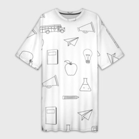 Платье-футболка 3D с принтом эскизы простые ,  |  | автобус | детский | дневник | карандаш | лампочка | риснок | самолёт | эскиз | яблоко