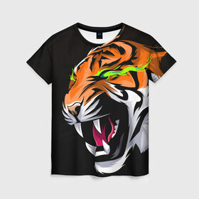 Женская футболка 3D с принтом Тигр, с зелеными глазами , 100% полиэфир ( синтетическое хлопкоподобное полотно) | прямой крой, круглый вырез горловины, длина до линии бедер | 2022 | amur tiger | beast | fangs | happy new year | merry christmas | new year | predator | snow | stars | stern grin | stern look | winter | year of the tiger | амурский тигр | год тигра | зверь | зима | клыки | новый год | снег | суровый взгл