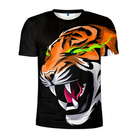 Мужская футболка 3D спортивная с принтом Тигр, с зелеными глазами , 100% полиэстер с улучшенными характеристиками | приталенный силуэт, круглая горловина, широкие плечи, сужается к линии бедра | Тематика изображения на принте: 2022 | amur tiger | beast | fangs | happy new year | merry christmas | new year | predator | snow | stars | stern grin | stern look | winter | year of the tiger | амурский тигр | год тигра | зверь | зима | клыки | новый год | снег | суровый взгл
