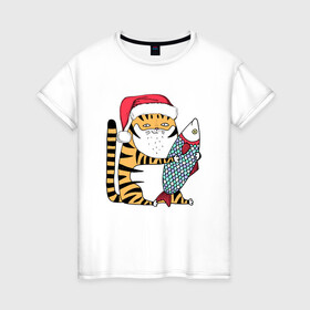 Женская футболка хлопок с принтом Тигр с большой рыбой , 100% хлопок | прямой крой, круглый вырез горловины, длина до линии бедер, слегка спущенное плечо | 2022 | год тигра | новый год | новый год 2022 | символ года | тигр | тигренок | тигрица | тигры