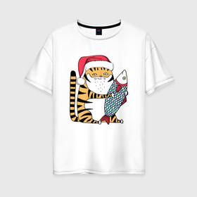 Женская футболка хлопок Oversize с принтом Тигр с большой рыбой , 100% хлопок | свободный крой, круглый ворот, спущенный рукав, длина до линии бедер
 | 2022 | год тигра | новый год | новый год 2022 | символ года | тигр | тигренок | тигрица | тигры