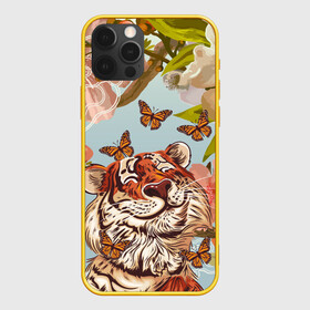 Чехол для iPhone 12 Pro с принтом Тигр и бабочки , силикон | область печати: задняя сторона чехла, без боковых панелей | Тематика изображения на принте: 2022 | 2022 тигр | бабочка | бабочка и тигр | бабочки | восточный тигр | восточный узор | иероглиф тигра | китай | китайский пейзаж | китайский тигр | новый год | тигр | тигр 2022 | тигр и бабочка