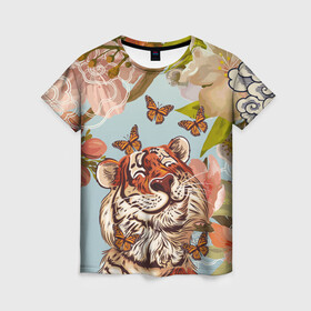 Женская футболка 3D с принтом Тигр и бабочки , 100% полиэфир ( синтетическое хлопкоподобное полотно) | прямой крой, круглый вырез горловины, длина до линии бедер | 2022 | 2022 тигр | бабочка | бабочка и тигр | бабочки | восточный тигр | восточный узор | иероглиф тигра | китай | китайский пейзаж | китайский тигр | новый год | тигр | тигр 2022 | тигр и бабочка