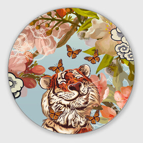 Круглый коврик для мышки с принтом Тигр и бабочки , резина и полиэстер | круглая форма, изображение наносится на всю лицевую часть | 2022 | 2022 тигр | бабочка | бабочка и тигр | бабочки | восточный тигр | восточный узор | иероглиф тигра | китай | китайский пейзаж | китайский тигр | новый год | тигр | тигр 2022 | тигр и бабочка