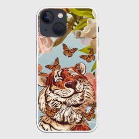 Чехол для iPhone 13 mini с принтом Тигр и бабочки ,  |  | Тематика изображения на принте: 2022 | 2022 тигр | бабочка | бабочка и тигр | бабочки | восточный тигр | восточный узор | иероглиф тигра | китай | китайский пейзаж | китайский тигр | новый год | тигр | тигр 2022 | тигр и бабочка
