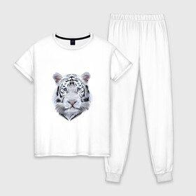 Женская пижама хлопок с принтом Бенгальский белый тигр , 100% хлопок | брюки и футболка прямого кроя, без карманов, на брюках мягкая резинка на поясе и по низу штанин | 2022 | 2022 тигр | белый тигр | бенгальский | бенгальский тигр | бенгальского тигра | восточный тигр | китай | китайский тигр | новый год | тигр | тигр 2022 | тигр китайский | тигра