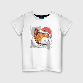 Детская футболка хлопок с принтом Christmas Cat , 100% хлопок | круглый вырез горловины, полуприлегающий силуэт, длина до линии бедер | Тематика изображения на принте: art | cat | christmas | kitty | new year | santa hat | арт | кот | котик | кошка | новый год | рождество | шапка санты