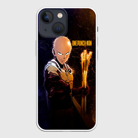 Чехол для iPhone 13 mini с принтом Космический Сайтама One Punch Man ,  |  | Тематика изображения на принте: hagemanto | one punch man | one punchman | onepunchman | saitama | sensei | аниме | ван панч мен | ванпанчмен | лысый плащ | манга | сайтама | сильнейший человек | учитель | человек одинудар | человек одного удара