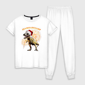 Женская пижама хлопок с принтом Новогодний шампанозавр , 100% хлопок | брюки и футболка прямого кроя, без карманов, на брюках мягкая резинка на поясе и по низу штанин | бокалы | динозавр | праздник | салют | шапка