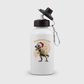 Бутылка спортивная с принтом Новогодний шампанозавр , металл | емкость — 500 мл, в комплекте две пластиковые крышки и карабин для крепления | бокалы | динозавр | праздник | салют | шапка
