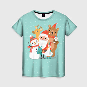 Женская футболка 3D с принтом Звери и Дед Мороз , 100% полиэфир ( синтетическое хлопкоподобное полотно) | прямой крой, круглый вырез горловины, длина до линии бедер | 2022 | christmas | new year | животные | звери | зверюшки | кавай | милота | милый | нг | новогодний | новый год | рождество