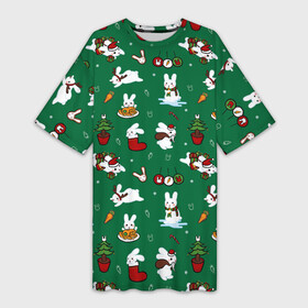 Платье-футболка 3D с принтом Новогодний паттерн с зайчиками ,  |  | 2022 | christmas | new year | животные | зайчик | заяц | звери | зверюшки | кавай | милота | милый | нг | новогодний | новый год | паттерн | рождество