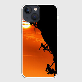 Чехол для iPhone 13 mini с принтом СКАЛОЛАЗЫ В ЗАКАТЕ ,  |  | Тематика изображения на принте: mounting | shadow | sun | альпинизм | горы | закат | природа | скалолаз | солнце | спорт | тень
