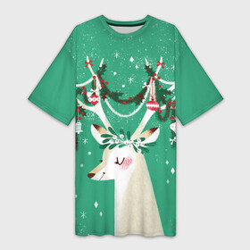 Платье-футболка 3D с принтом Олень. Новый год ,  |  | 2022 | christmas | new year | животные | звери | зверюшки | кавай | милота | милый | нг | новогодний | новый год | олень | рождество