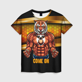 Женская футболка 3D с принтом Накаченный тигр , 100% полиэфир ( синтетическое хлопкоподобное полотно) | прямой крой, круглый вырез горловины, длина до линии бедер | 2022 | год тигра | новый год | новый год 2022 | символ года | тигр | тигренок | тигрица | тигры