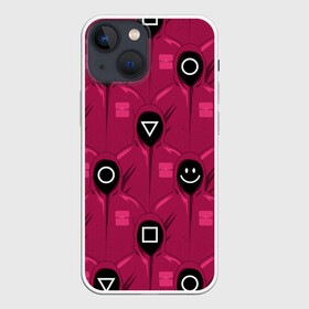 Чехол для iPhone 13 mini с принтом СОТРУДНИКИ ИГРЫ В КАЛЬМАРА (Squid Game) ,  |  | circle | game | money | neon | netflix | over | paints | smile | square | squid | triangle | брызги | в | деньги | игра | кальмара | капли | квадрат | краски | круг | неон | окончена | пятна | смайл | смайлик | треугольник | улыбка
