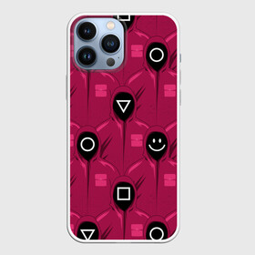 Чехол для iPhone 13 Pro Max с принтом СОТРУДНИКИ ИГРЫ В КАЛЬМАРА (Squid Game) ,  |  | circle | game | money | neon | netflix | over | paints | smile | square | squid | triangle | брызги | в | деньги | игра | кальмара | капли | квадрат | краски | круг | неон | окончена | пятна | смайл | смайлик | треугольник | улыбка