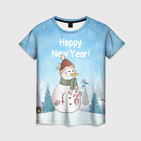 Женская футболка 3D с принтом Снеговик во дворе , 100% полиэфир ( синтетическое хлопкоподобное полотно) | прямой крой, круглый вырез горловины, длина до линии бедер | 2022 | год тигра | новый год | новый год 2022 | символ года | тигр | тигренок | тигрица | тигры
