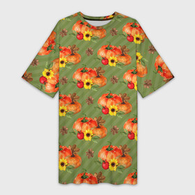 Платье-футболка 3D с принтом Овощи: Тыквы паттерн ,  |  | грядка | овощи | огород | тыква | тыквы