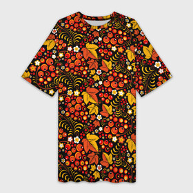 Платье-футболка 3D с принтом Хохлома. цветы ягодки ,  |  | листья | паттерн | роспись | узоры | хохлома | цветы | ягоды