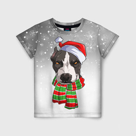 Детская футболка 3D с принтом Новогодний Питбуль   New Years Pit bull , 100% гипоаллергенный полиэфир | прямой крой, круглый вырез горловины, длина до линии бедер, чуть спущенное плечо, ткань немного тянется | Тематика изображения на принте: christmas | dog | pit bull | santa | дед мороз | зима | новый год | питбуль | рождество | санта | снег | снежинка | собака | собачка | щенок