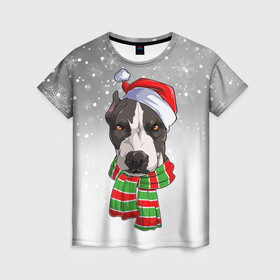 Женская футболка 3D с принтом Новогодний Питбуль   New Years Pit bull , 100% полиэфир ( синтетическое хлопкоподобное полотно) | прямой крой, круглый вырез горловины, длина до линии бедер | christmas | dog | pit bull | santa | дед мороз | зима | новый год | питбуль | рождество | санта | снег | снежинка | собака | собачка | щенок