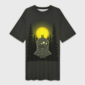 Платье-футболка 3D с принтом Шокированный пришелец в лесу ,  |  | лес | летающая тарелка | нло | ночь | пришелец | фантастика