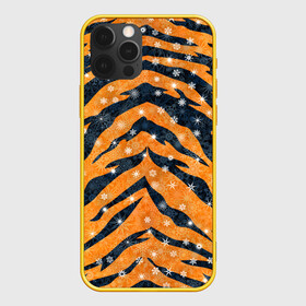 Чехол для iPhone 12 Pro с принтом Новогодняя шкура тигра , силикон | область печати: задняя сторона чехла, без боковых панелей | 2022 | новый год | оранжевый | полосатый | полоски | полосы | снег | снежинки | тгриный | тигр